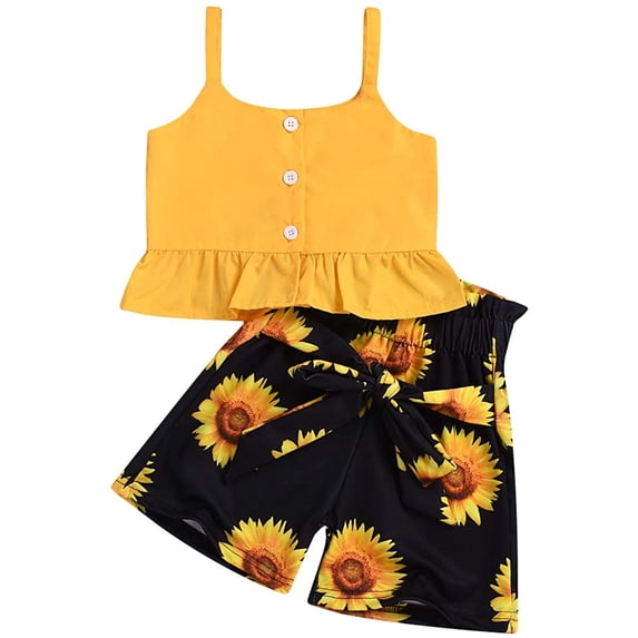 Sinhoon Toddler Baby Girl Summer Outfits Sleeveless Ruffle Shirt Crop Tops Sunflower Shorts Clothes Set