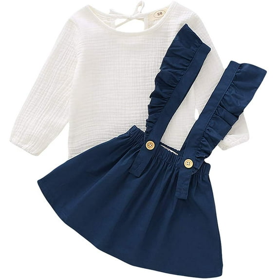 Sinhoon Toddler Baby Girl Dress Linen Suspender Skirt Set Long Sleeve Shirts Ruffled Dress Clothes