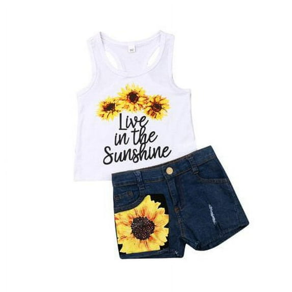 Sinhoon Toddler Kids Baby Girls Clothes Letter Print Vest Floral Tops Denim Shorts Sunsuit Outfit