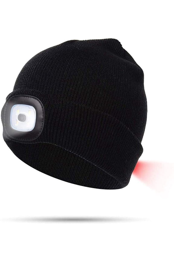 Unisex LED Beanie Hat with Light, Gifts for Men Women USB Rechargeable Winter Knit Lighted Headlight Headlamp Cap Flashlight Hat with 3 Brightness Levels Lighting and Flashing Alarm (Black)