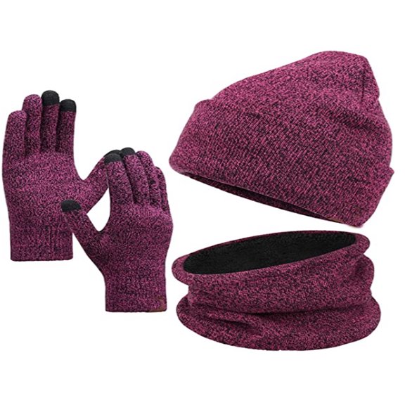 Sinhoon Winter Beanie Hat & Scarf & Touchscreen Gloves, Warm Knit Fleece Lined Beanie Gloves Infinity Scarf Set for Men and Women (Rosy)