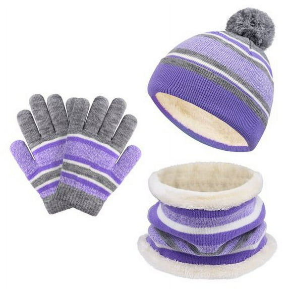 Sinhoon Winter Kids Hat Scarf and Gloves 3Pcs Set for Boys and Girls Toddler Age 3-6, Striped Pom Beanie Glove Neck Warmer