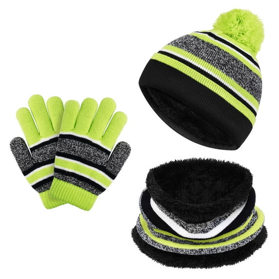 Sinhoon Winter Kids Hat Scarf and Gloves 3Pcs Set for Boys and Girls Toddler Age 3-6, Striped Pom Beanie Glove Neck Warmer