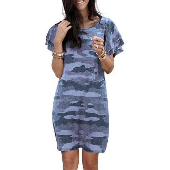 Sinhoon Women Summer Casual Short Sleeve Ruffles Loose Mini Short Boho Beach Kaftan Sundress Oversized Loose Mid Tunic T Shirt Dresses Plus Size