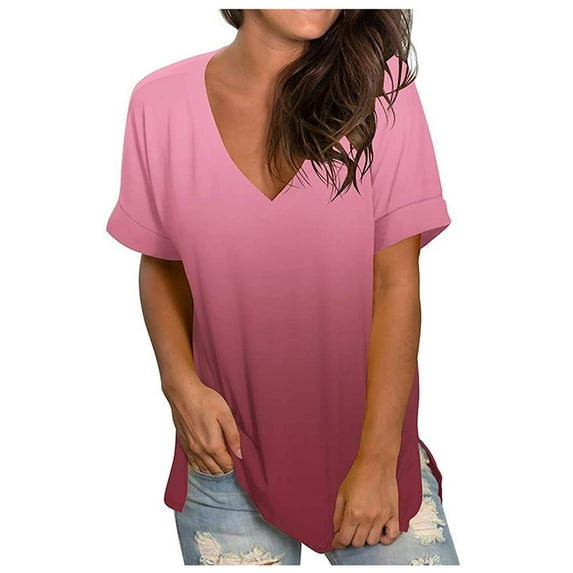 Sinhoon Women's Plus Size Tops Short Sleeve V-Neckline T-Shirt Printing Casual Gradient Loose Summer T Shirt