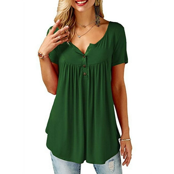 Sinhoon Womens Short Sleeve Round Neck Button Casual Blouse Summer T-Shirt