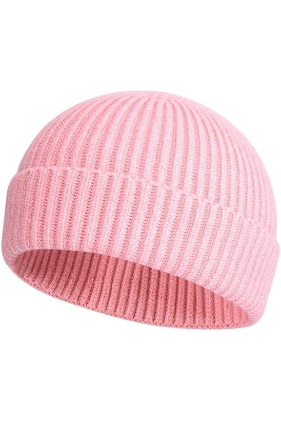 Wool Knit Cuff Short Fisherman Beanie for Men Women, Winter Warm Hats (pink)