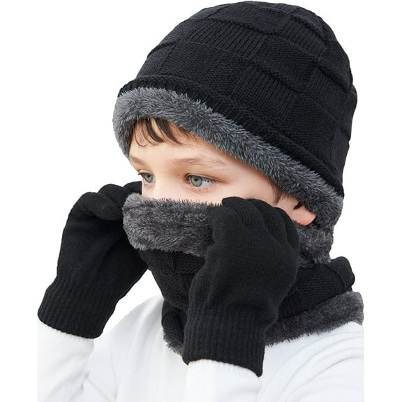 Sinhoon by Sinhoon Kids Winter Touchscreen Beanie Hat Scarf Gloves Set, Black