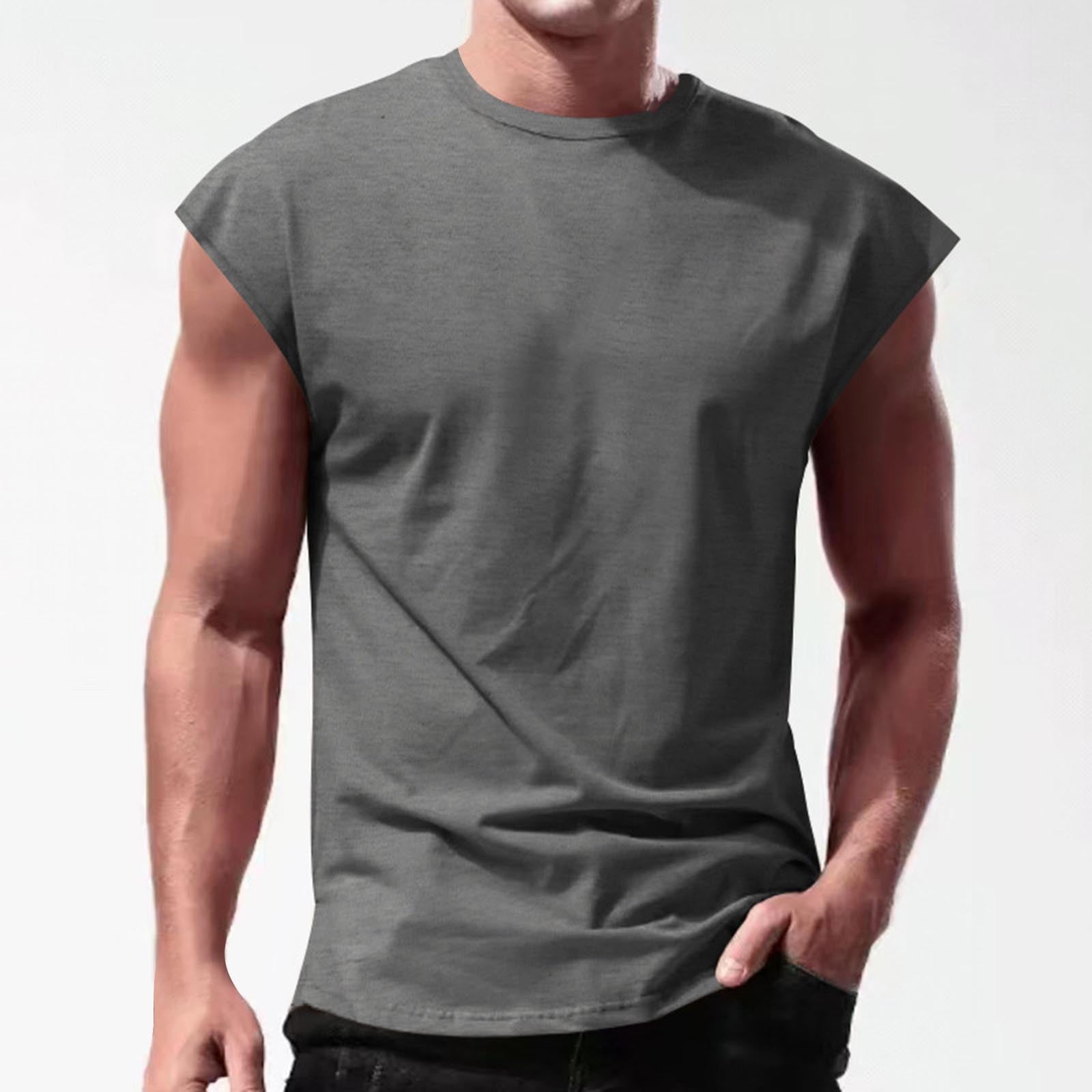 JOFOW Men's Muscle Fit Sleeveless T-Shirts Solid Moisture Wicking Loose ...