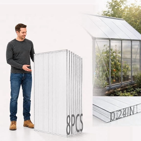 Sinimaka 8 Pack Polycarbonate Greenhouse Panels, 4 x 2 ft, 0.24 in 6mm Twin-Wall Sheets, UV-Coated Translucent Roof Replacement for Greenhouses and Cold Frames