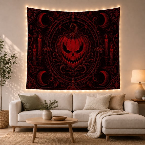 Sinister Jack-O'-Lantern With Glowing Red Face In Dark Mandala, Eerie Gothic For Halloween Lovers, Occult Pumpkin Artwork, Halloween Gift Tapestry Wall Hanging For Bedroom And Living Room