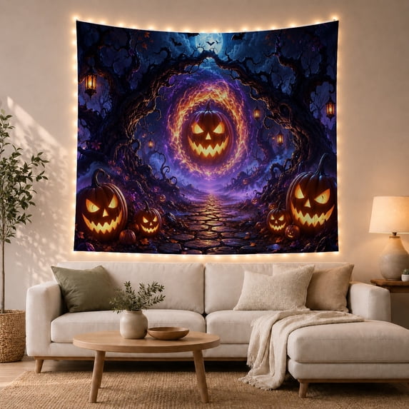 Sinister Pumpkin Lantern on Forest Path Under Full Moon, Spooky Gothic for Halloween Decor Lovers, Pumpkin Wall Decor, Halloween Gift, Tapestry Wall Hanging for Bedroom and Dorm