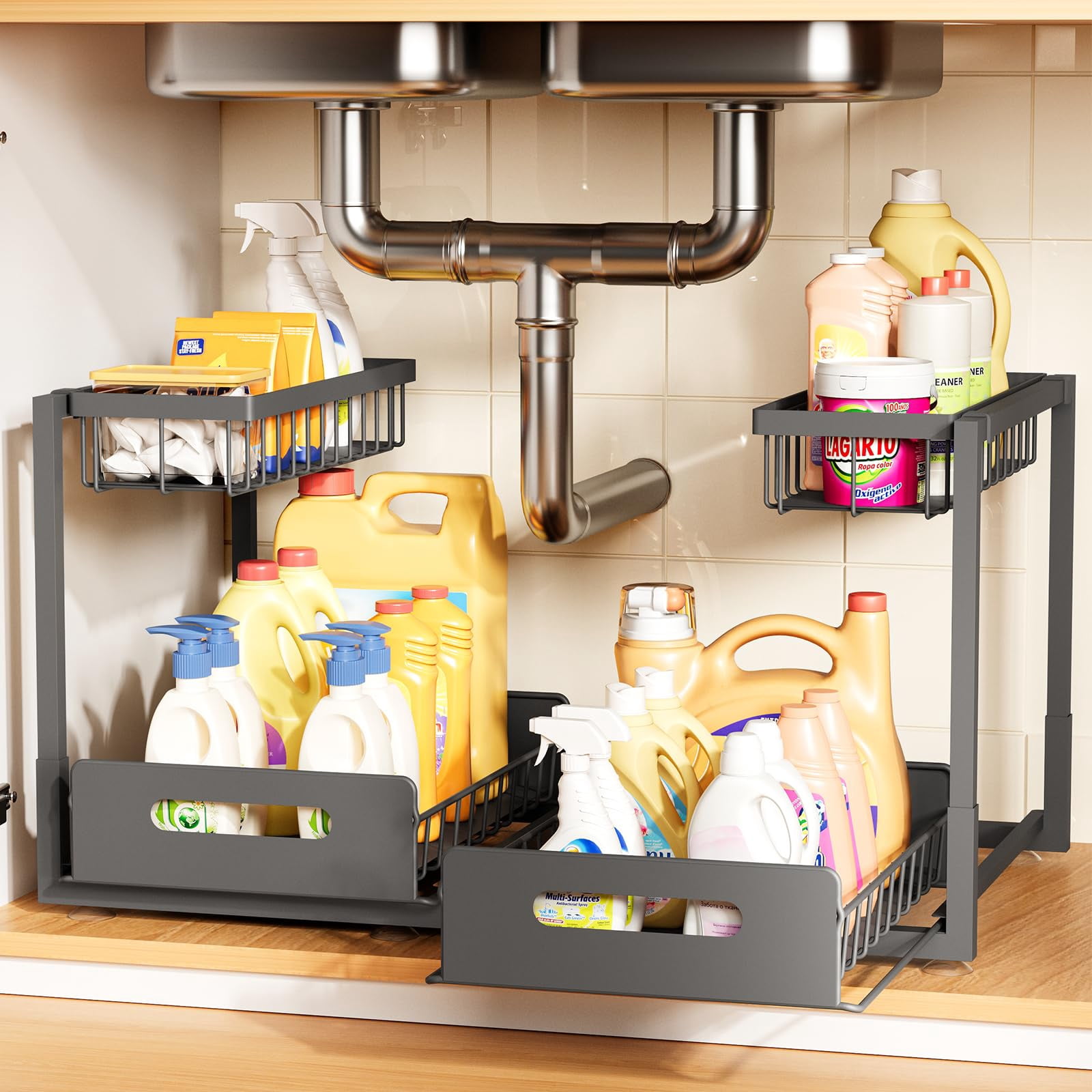 Under Sink 2 Pack,Metal Pull Out Cabinet Shelf,Kitchen Bathroom ...