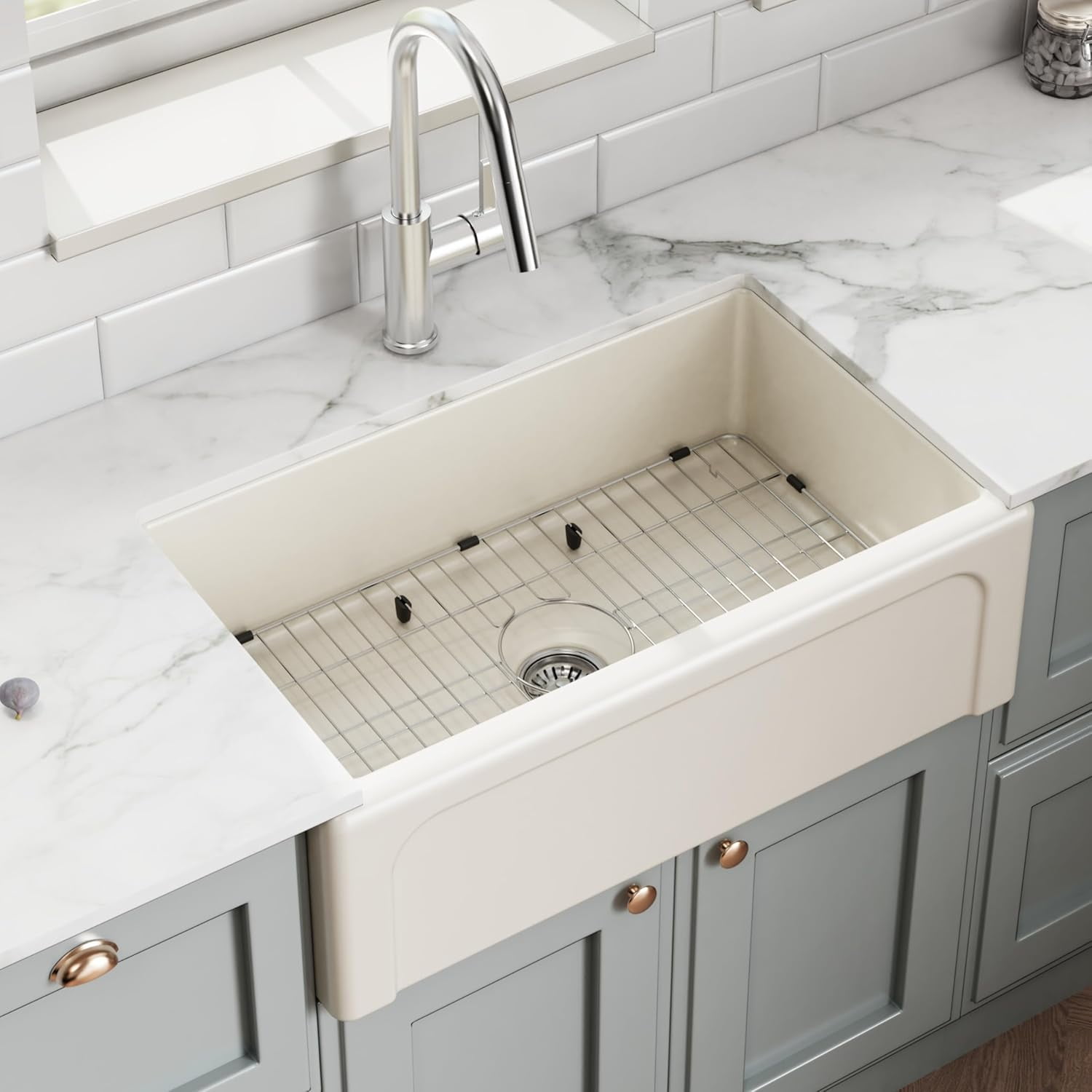 Sink 30 Inch Beige Fireclay Apron Front Single Bowl Deep Drop In Kitchen Sink Undermount Farm ...