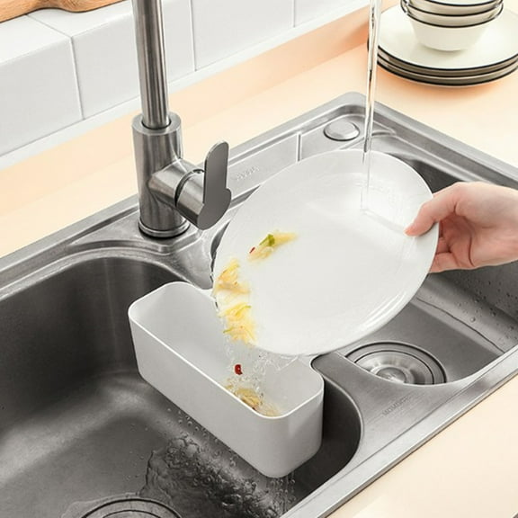 Sink Basket Drainage Caddy - White Plastic, Water-Resistant Kitchen Organizer, Hanging Waste Storage Bin, Countertop Drying Rack