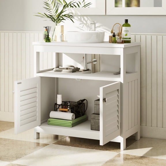 Under Sink Cabinet with 2 Doors Open Shelf U Shape Cut Out Under Sink Storage Cabinet Bathroom Vanity with Anti Slip Pads for Towels Toiletries Makeup