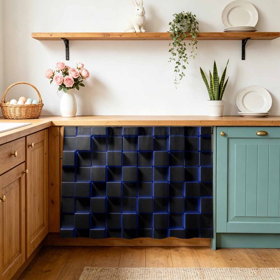 Under Sink Cabinet Curtain 28''W x 35''L, Blue Black Cubes Storage Cover Curtains, Modern Geometric Abstract Art Self Adhesive Cabinet Skirt for Kitchen/Bathroom Vanity/Laundry Room/Open Shelf
