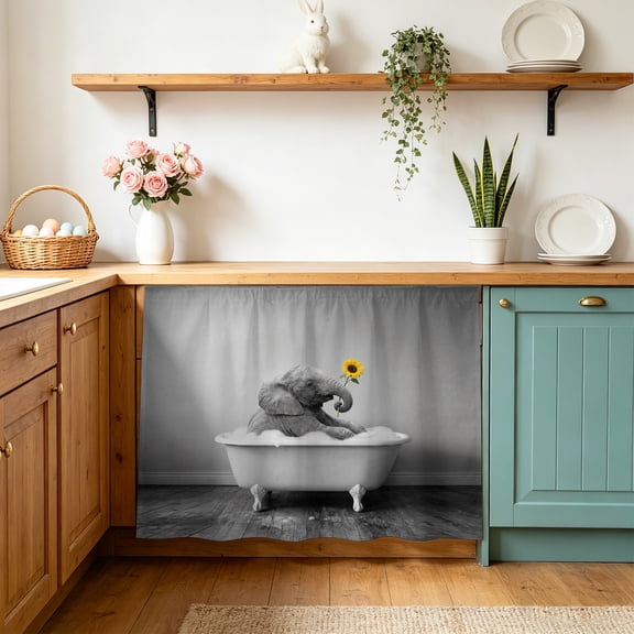 Under Sink Cabinet Curtain 28''W x 35''L,Funny Elephants Storage Cover Curtains,Cute Art Vintage Lovely Animals on Bathtub Cabinet Skirt for Kitchen/Bathroom Vanity/Laundry Room/Open Shelf