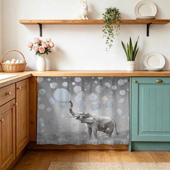 Under Sink Cabinet Curtain 28''W x 35''L,Gray Elephants Storage Cover Curtains,Modern Vintage Elephants Blowing Bubbles Self Adhesive Cabinet Skirt for Kitchen/Bathroom Vanity/Laundry Room/Open Shelf