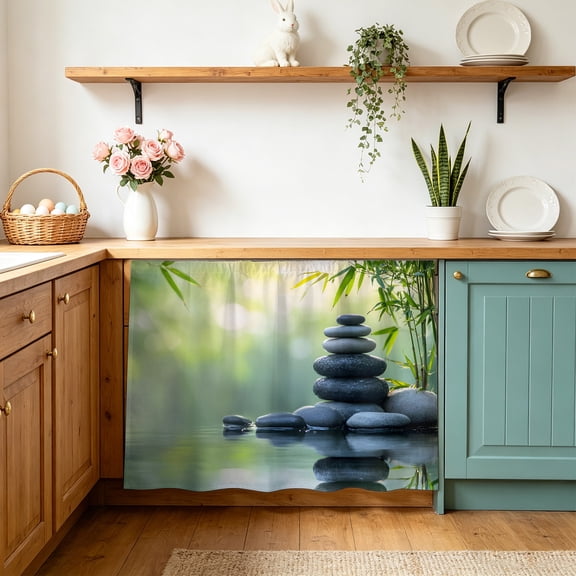 Under Sink Cabinet Curtain 28''W x 35''L, Zen Stones Storage Cover Curtains, Nature Water Reflection Country Botanical Self Adhesive Cabinet Skirt for Kitchen/Bathroom Vanity/Laundry Room/Open Shelf