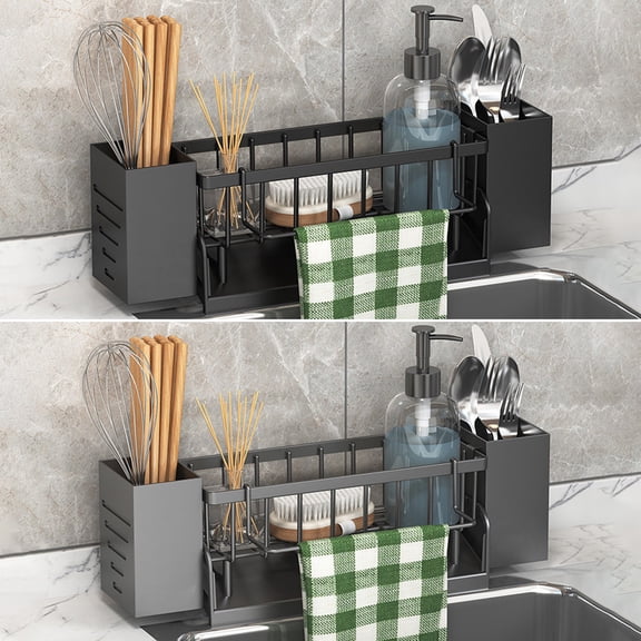 Sink Caddy Kitchen Counter Organizer Rack with Drainage and Double-Layer Storage for Sponge, Dishcloth, Knives and Cutting Board
