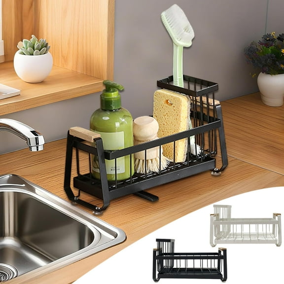 Sink Caddy Organizer Stainless Steel Sponge Rack With Drainage Tray | Non-Slip Suction Cups | Rustproof Countertop Holder For Sponges Soap Dispensers Brushes | 10.5x4.9x4in | White Black | Durable