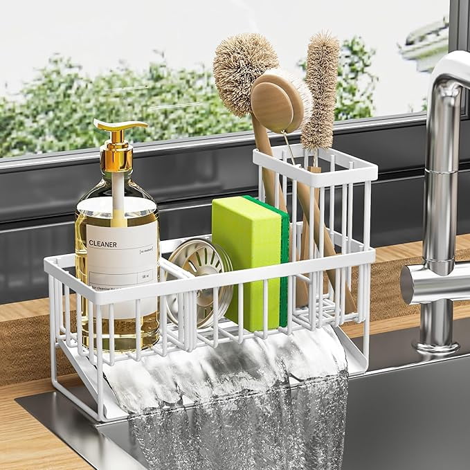 1*-in-1 Stainless Steel Sponge Holder for Kitchen Sink, Wall-Mounted In Sink Kitchen Sink Caddy Organizer with * Hook & Suction Cup, Kitchen Sink Organizer for Sink Stopper, Dish Sponges, Brush