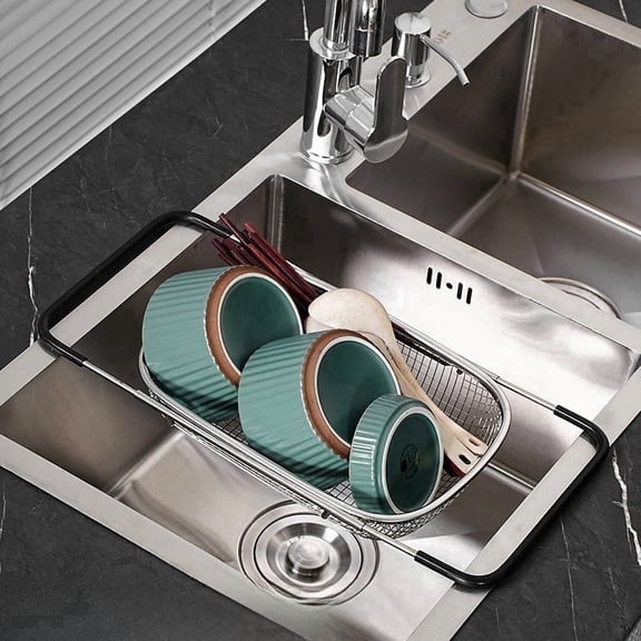 PLERISE Over the Sink Colander, Expandable Fine Mesh Strainer Basket with Rubber Grip for Veggies Fruits Pasta, 9.5W x 13.4-21.3L x 3.3H