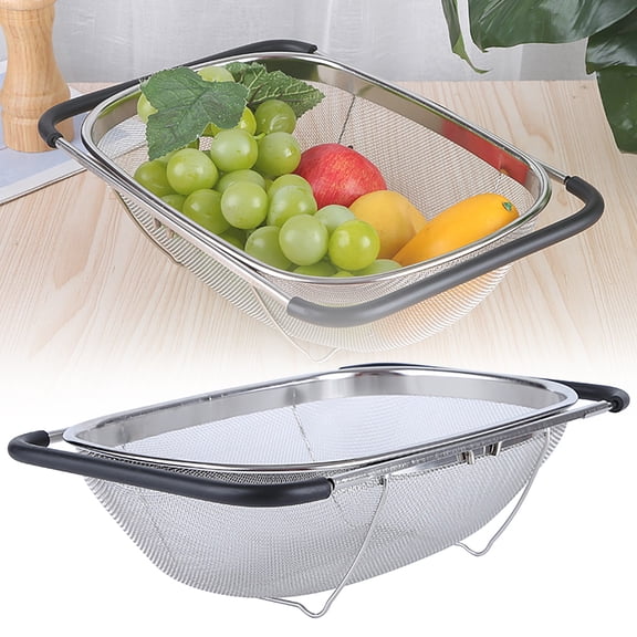 Over the Sink Colander Strainer Basket Stainless Steel, for Kitchen Sink with Rubber Grip, Fine Mesh, Large Kitchen Gadgets Tools, Expandable, Clearance Home Kitchen Essentials(L)