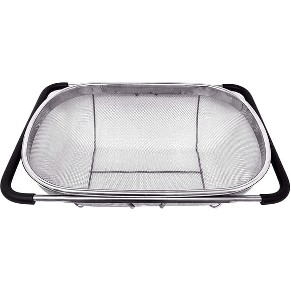 Over the Sink Colander Strainer Basket Stainless Steel, For Kitchen Sink with Rubber Grip, Fine Mesh, Large Kitchen Gadgets Tools, Expandable Home Kitchen Essentials