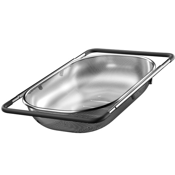 Over the Sink Colander - Strainers and Colanders - Sink Strainer Basket - Expandable Fine Mesh Strainer with Rubber Grip for Veggie, Fruits, Pasta, Home Kitchen Essentials (9.5W x 13.4-21.3L x 3.3H)