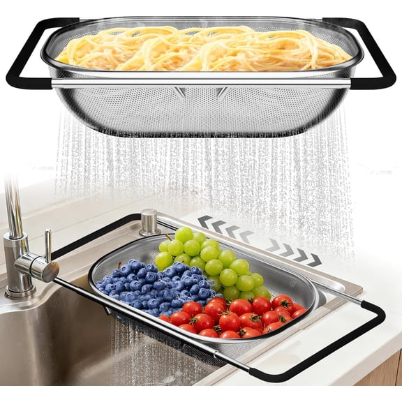 Over the Sink Colander - Strainers and Colanders - Sink Strainer Basket - Expandable Fine Mesh Strainer with Rubber Grip for Veggie, Fruits, Pasta, Home Kitchen Essentials (9.5W x 13.4-21.3L x 3.3H)