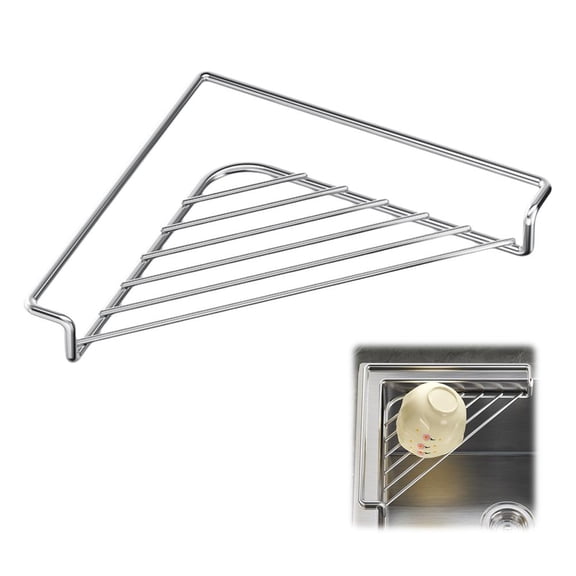 Sink Corner Drain Drying Rack in Rustproof Stainless Steel, 90 Degree Basin Triangle, Sponge Brush Dishcloth Hanging Holder, Quick Drain Kitchen Counter Space Saver Organizer