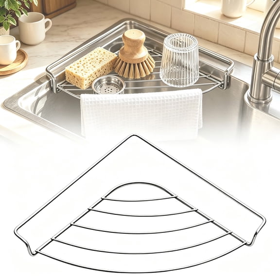 Sink Corner Drying Rack,Stainless Triangle Sink Dish Drying Rack,Stainless Steel Sink Corner Organization,Self‑Draining Metal Corner Sink Shelf,Triangular Sink‑Side Caddy for Kitchen,Counter Storage