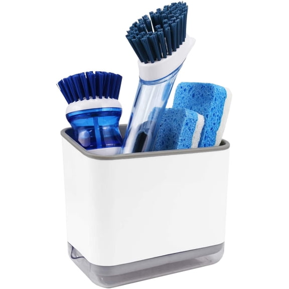 Sink Counter Caddy, Plastic Dish Sponge Holder, Kitchen Brush and Scrubber Organizer with Drain Tray, White