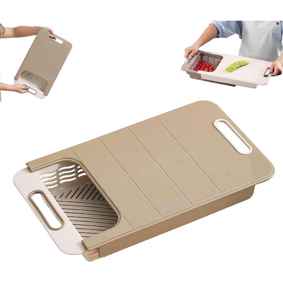 Over the Sink Cutting Board with Strainer Basket, Extendable Kitchen Prep Station, Multifunctional Chopping Block for Vegetable Fruit Meat, Space-Saving RV Camping & Home Kitchen Organizer