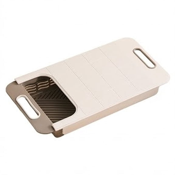 Over the Sink Cutting Board with Strainer Basket, Multifunctional Kitchen Prep Station and Extendable Chopping Block for Vegetable Fruit Meat, for RV Camping Home Kitchen and Outdoor Cooking