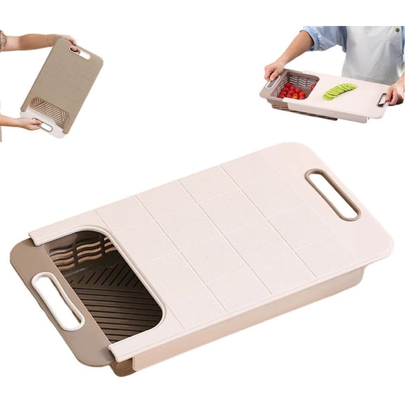 Over the Sink Cutting Board with Strainer Basket - Multifunctional Kitchen Prep Station, Extendable Chopping Block for Vegetable, Fruit, Meat, RV, Camping      P