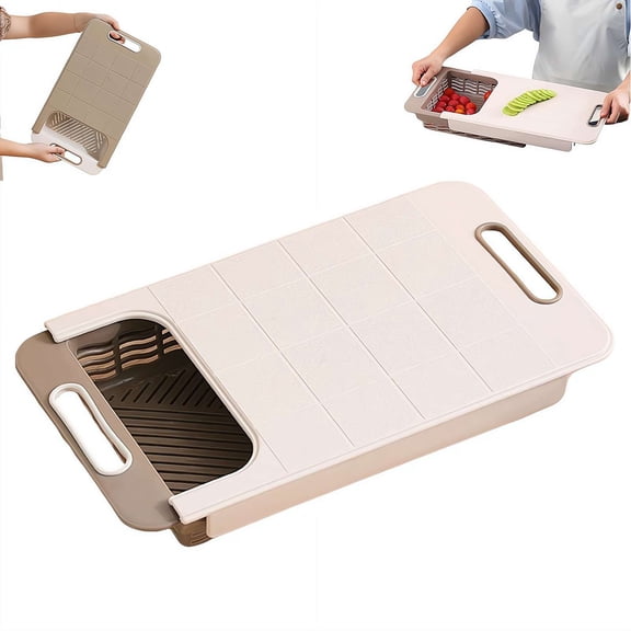 Over the Sink Cutting Board with Strainer Basket, Multifunctional Kitchen Prep Station and Extendable Chopping Block for Vegetable Fruit Meat,for RV Camping and Home Kitchen