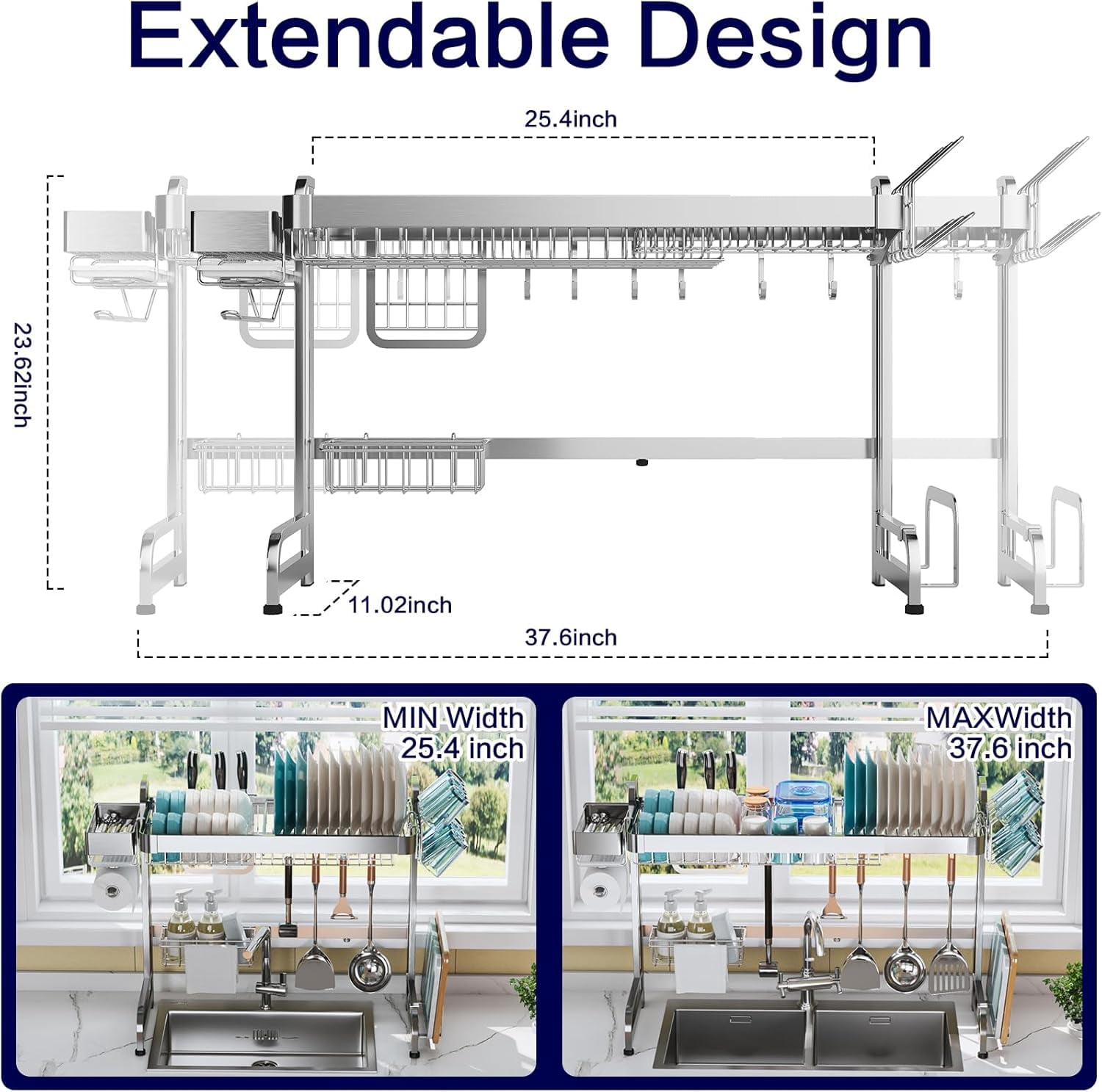 Over The Sink Dish Drainer Drying Rack, 2 Tier Full Stainless Steel Storage Adjustable Length Kitchen Rack, Multifunctional Expandable Counter Organizer, Space Saver Dish Rack