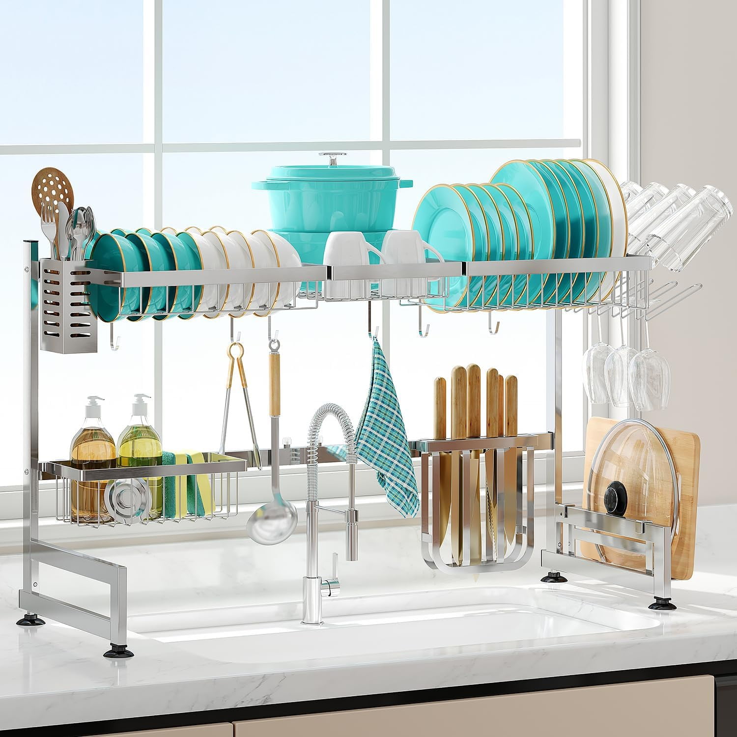 Over Sink Dish Drainer Drying Rack, 2 Tier Stainless Steel Dish Rack ...