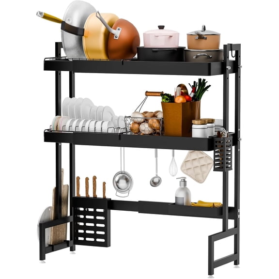 Over The Sink Dish Drainer Drying Rack,2 Tier Telescopic Space Saver Dish Rack Adjustable Length (25"~39"),Expandable Counter Organizer with Cutter Holder,Chopstick Container,Bowls Pots Stan