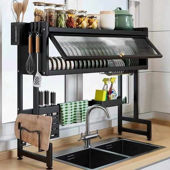 Over The Sink Dish Drainer Drying Rack 3 Tier Over Sink Dish Rack For A Tidy Kitchen Sink Shelf, Large Dish Drying Rack With Flip Door, Stainless Steel Dish Drainer Kitchen Sink Organizer