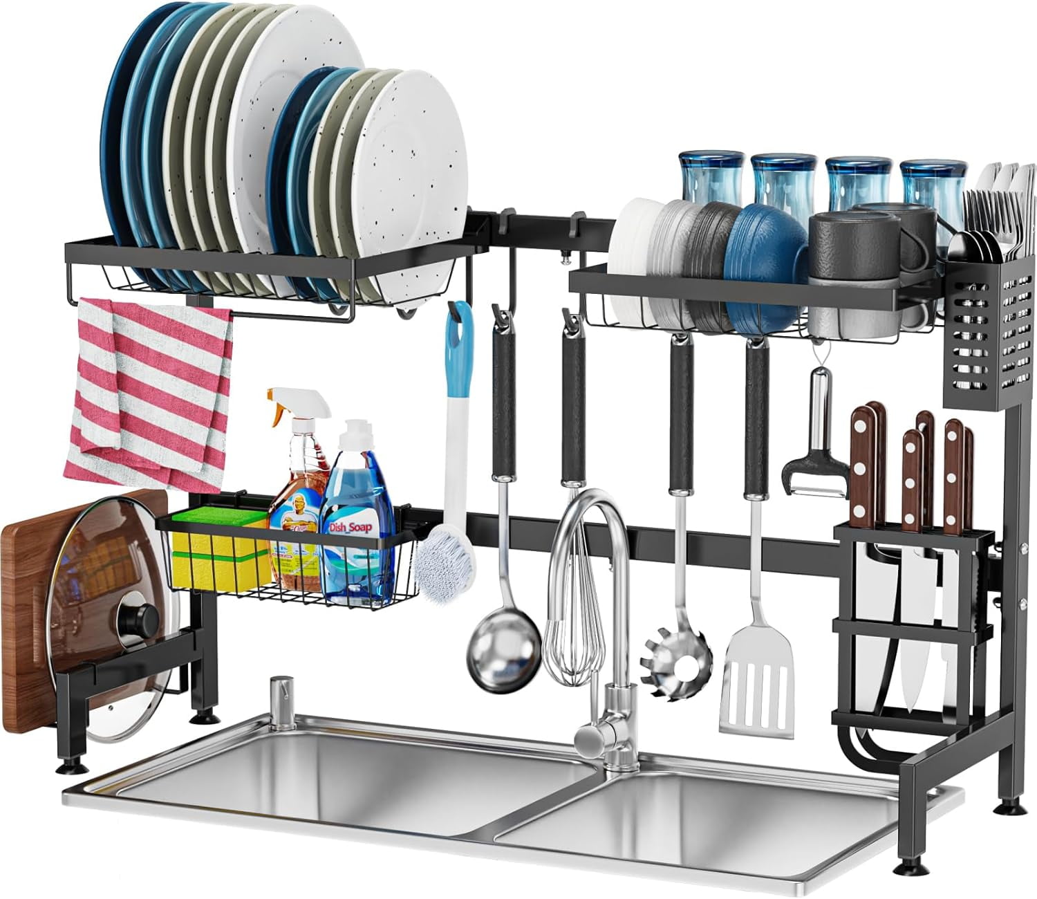 Over The Sink Dish Drainer Drying Rack - Adjustable Length (33.6"-39.6") Large Over Sink Dish Drying Rack with Cutting Board Holder, Utensil Sponge Holder, Kitchen Sink Shelf Organizer, Black