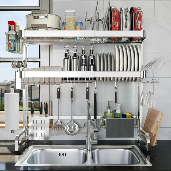 Over The Sink Dish Drainer Drying Rack, Full Stainless Steel 3-Tier Adjustable Length Over Sink Dish Drying Rack, Large Capacity Dish Rack Over Sink for Kitchen Counter, Pots & Pans Rack