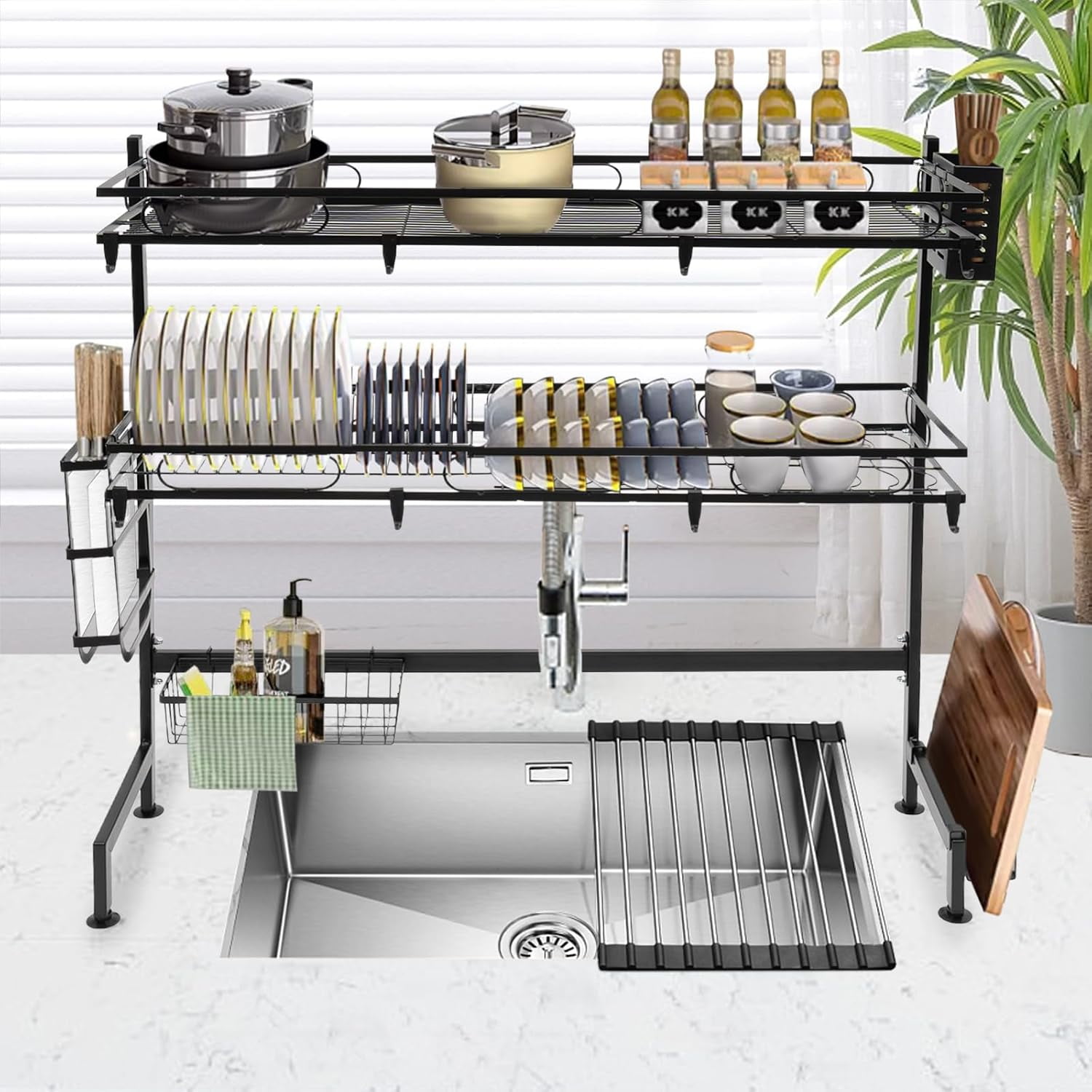 Over The Sink Dish Drying Rack 2-Tier Multifunctional Large Storage Kitchen Dish Rack for Storing Seasonings Dishes Chopsticks Cutting Boards (32.3in)