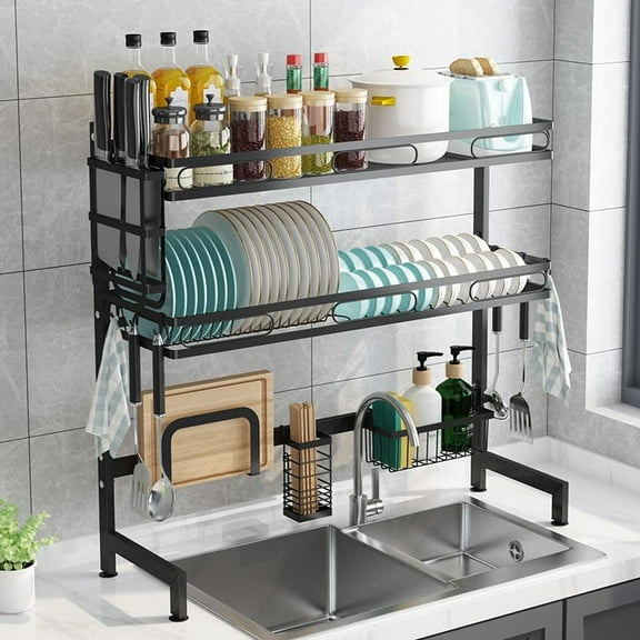 Over The Sink Dish Drying Rack, 2-Tier Multifunctional Large Storage Space Kitchen Dish Drying Rack for Storing Seasonings, Dishes, Chopsticks, Cutting Boards (32.3in)