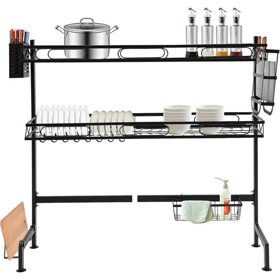 Over Sink Dish Drying Rack 2 Tier Over The Sink Dish Drainer Drying Rack with Hooks, Dish Rack Over Sink for Seasonings, Dishes, Chopsticks, Cutting Boards, Knives (Large 82cm/32.3in)