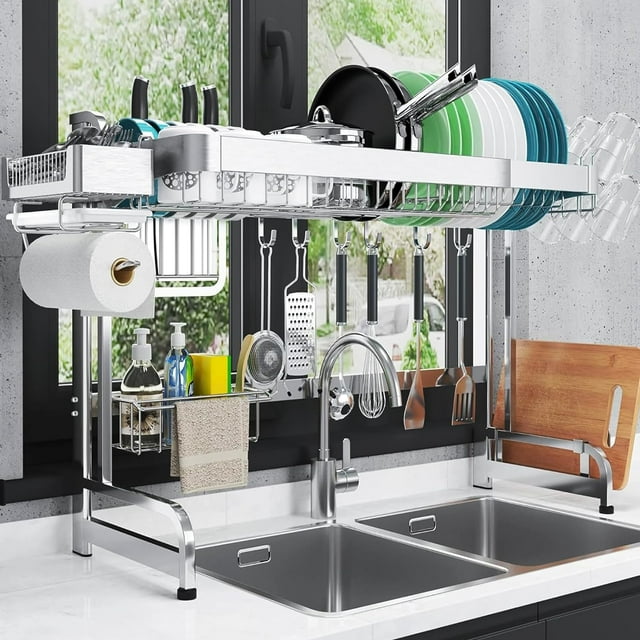 Over The Sink Dish Drying Rack, 2 Tier Over Sink Dish Drying Rack Width Adjustable(25.6-37.6in), Durable Stainless Steel Dish Rack Over Sink Organizer, Space Saving Kitchen Sink Drying Rack