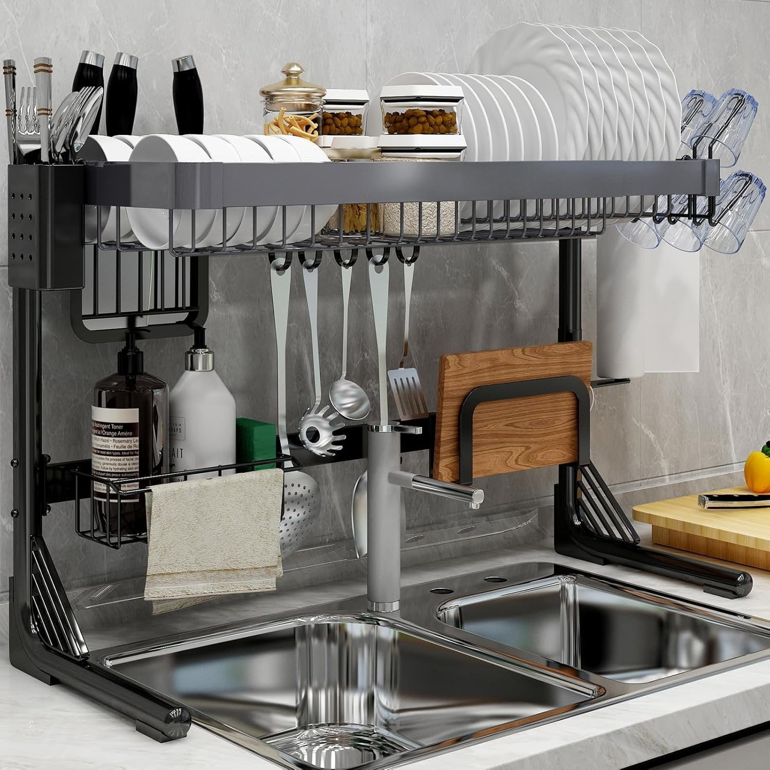 Over Sink Dish Drying Rack, 2 Tier Stainless Steel Storage Adjustable ...